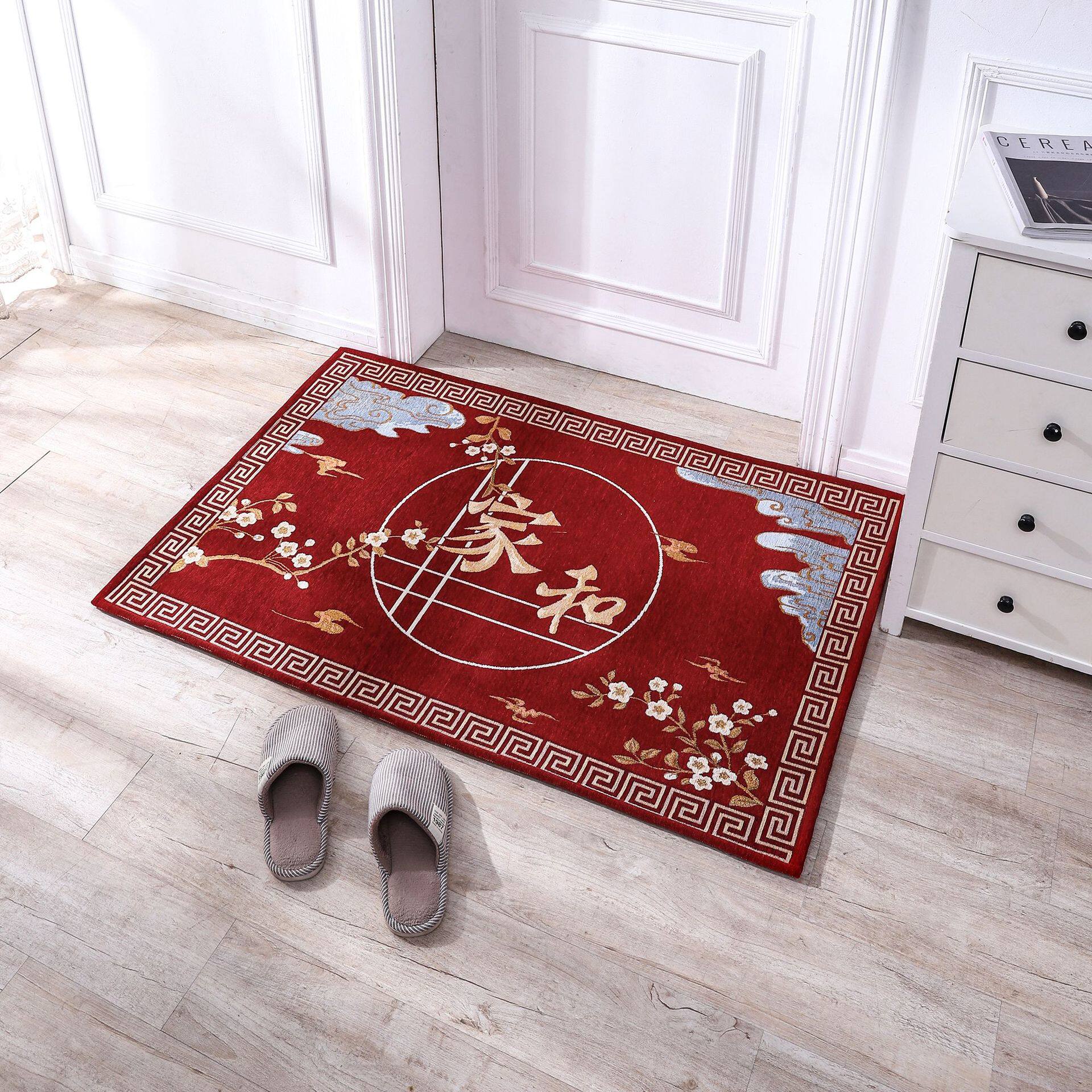 喜庆红色新年中式门垫五福临门出入平安招财猫进宝福字入户门地垫