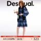 Desigual25春夏新款几何花朵印花压褶系带V领长袖中款连衣裙