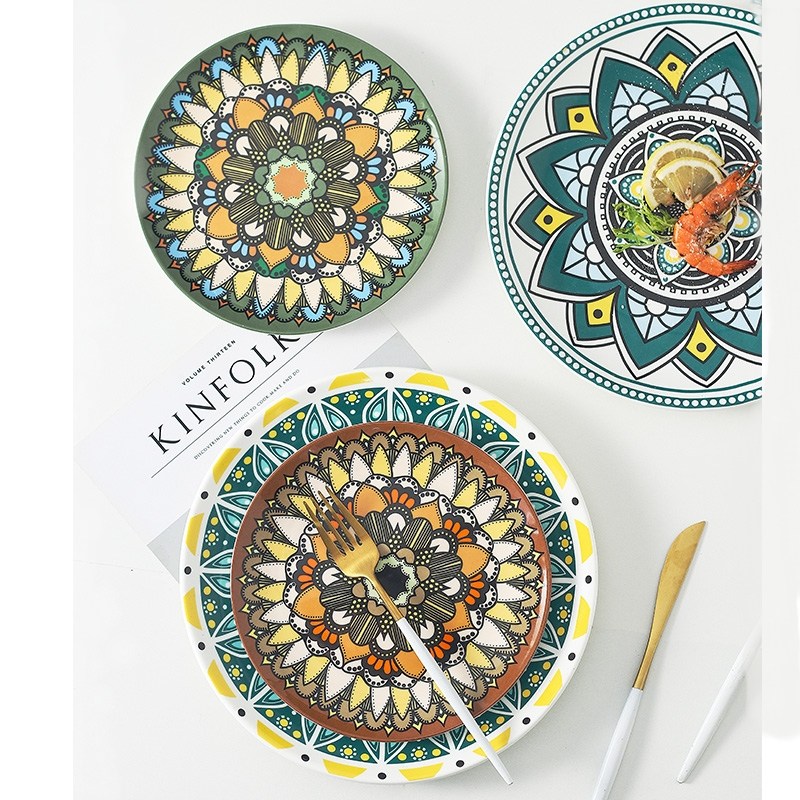 陶瓷盘子波西米亚风盘子餐具浅盘装饰盘摩洛哥花纹民族风平盘家用