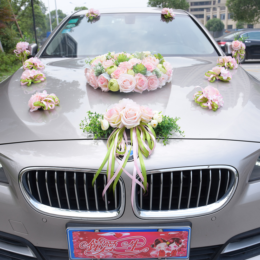 小清新心形车头婚车装饰中式新娘花车婚礼彩车扎花副车个性吸盘粉