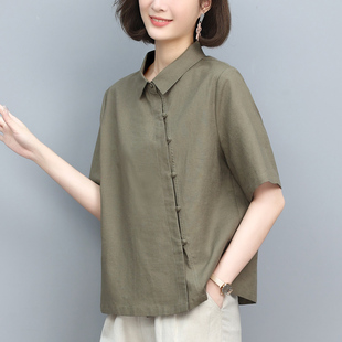 棉麻衬衫女2024年夏季新款设计感小众中老年妈妈高端亚麻短袖上衣