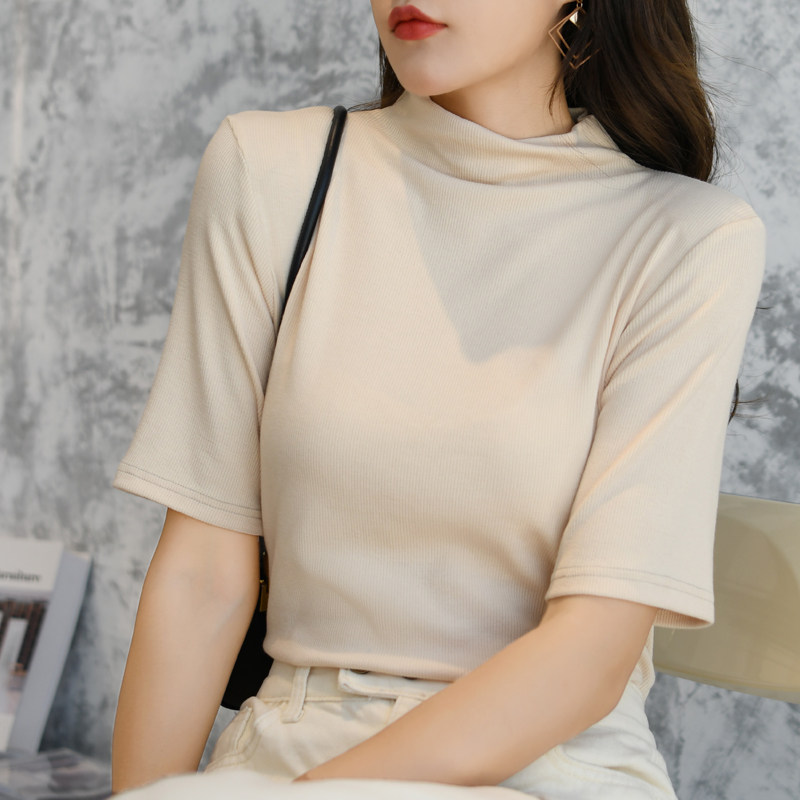 纯色中袖t恤女半高领内搭打底衫修身五分袖秋季体恤宽松中领上衣