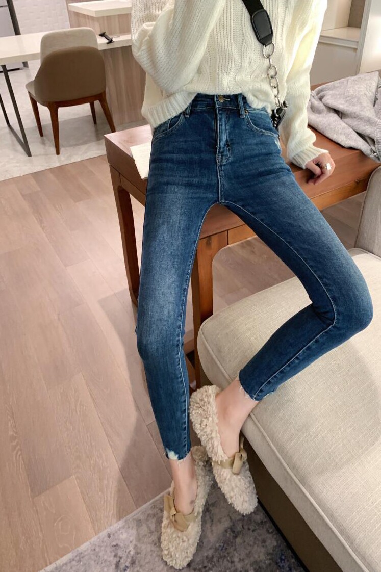 pudr女裤2020秋冬新品高腰修身显瘦抓绒弹力脚口磨破小脚牛仔裤潮