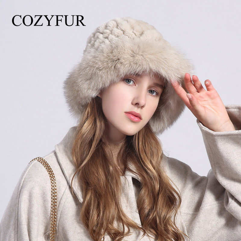 cozyfur 獭兔毛帽子女冬季新款狐狸毛边编织渔夫帽真毛皮草冬帽潮