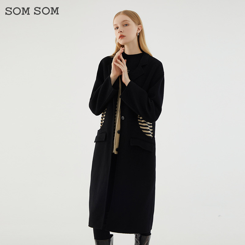 SOMSOM/索玛纯羊毛长款毛呢外套女过膝冬季双面呢假两件呢子大衣