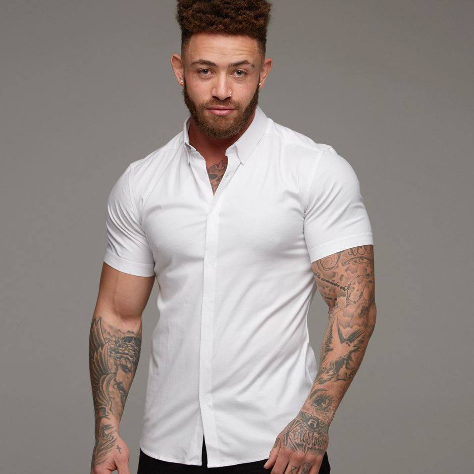 肌肉衬衫型男健身速干短袖夏季欧美商务休闲衬衣弹力兄弟运动t恤