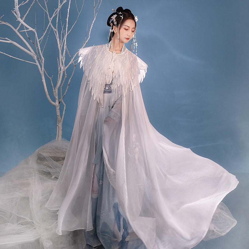 寻景记汉服【比翼鸟斗篷】原创刺绣网纱披风中长款中国风男女同款