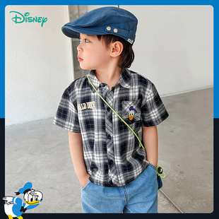 迪士尼童装儿童时尚格纹短袖衬衫洋气酷帅BOY唐老鸭卡通纯棉衬衣