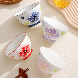 濑户烧陶瓷碗浮雕釉下彩精致家用高脚防烫米饭碗高颜值甜品沙拉碗