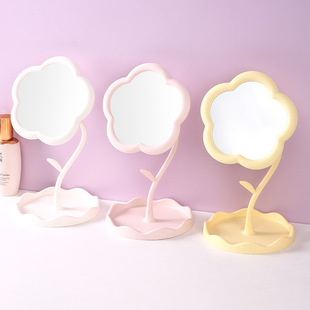 ins风花朵可旋转化妆镜桌面圆形台式梳妆台镜子简约卧室梳妆镜