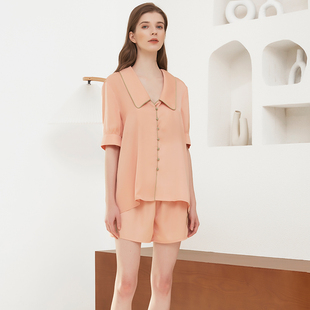 【特价99】法式睡衣米白色轻性感短袖女衬衫橘粉色家居服两件套装