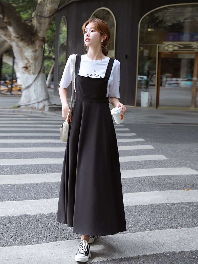 墨梅高个子女装170高个子超长款背带裙女长裙到脚踝收腰连衣裙子
