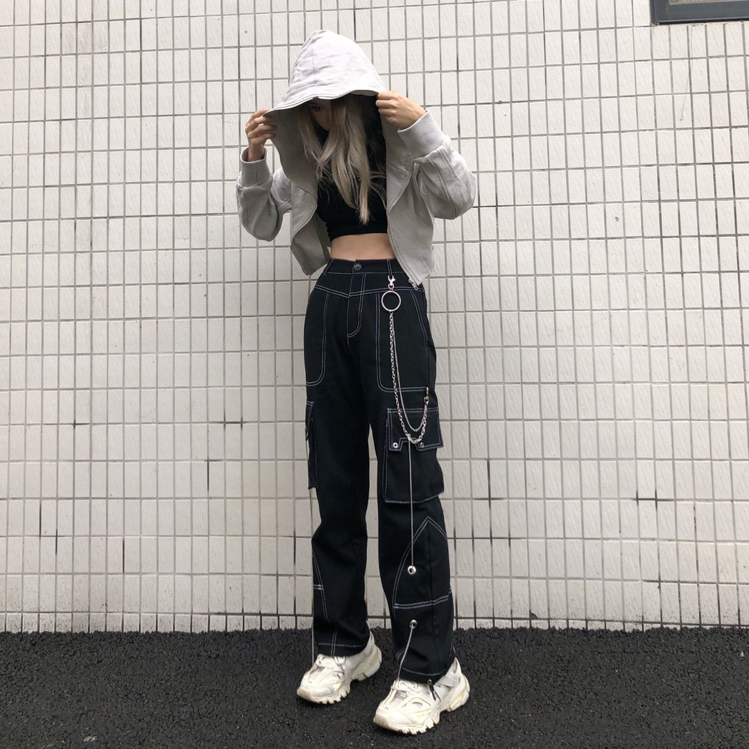 黑色链条工装裤女嘻哈炸街ins潮秋冬裤子宽松直筒高腰抽绳束脚裤