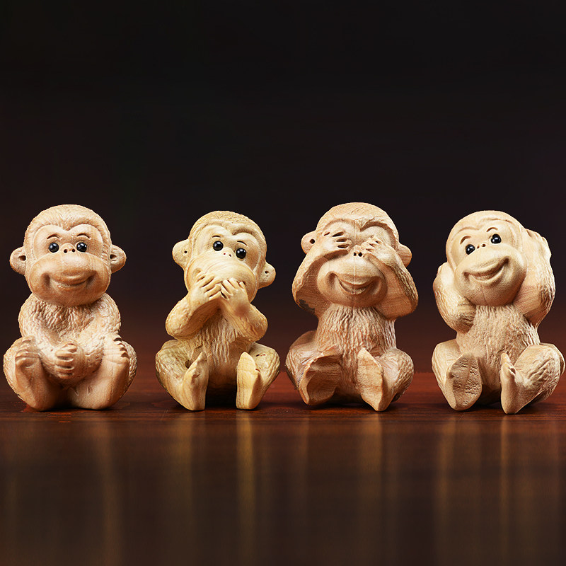 桃木猴子摆件四不猴子家居装饰品客厅猴生肖猴子不动不听不说不看