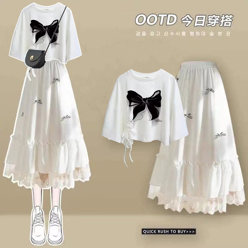 小清新套装夏季新款女韩版宽松设计感短袖T恤+超仙半身裙两件套