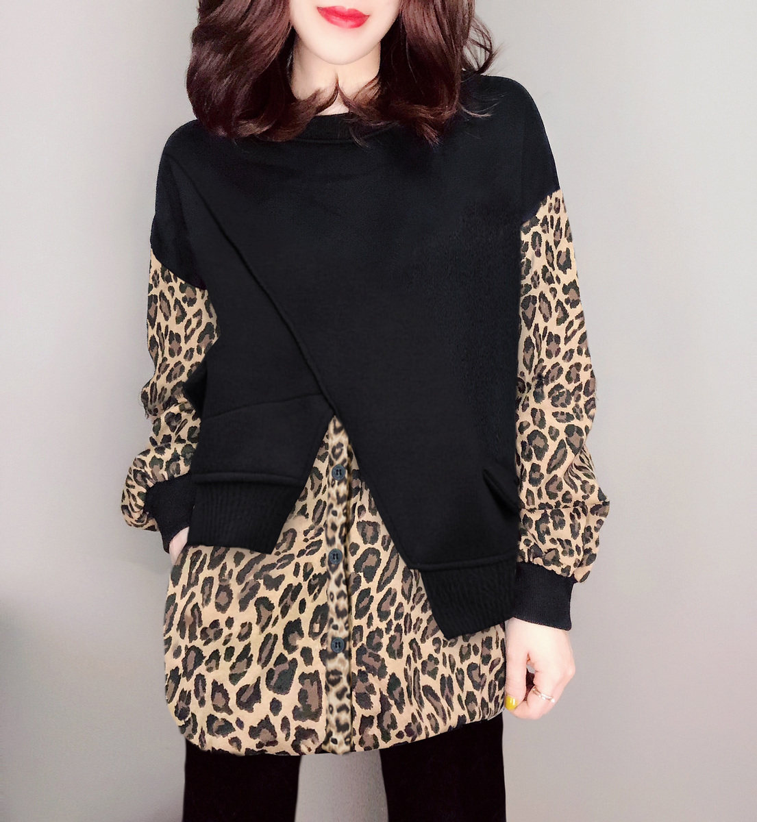 品牌特惠韩版个性撞色拼接豹纹圆领气质衬衫欧洲站春季女装欧货潮