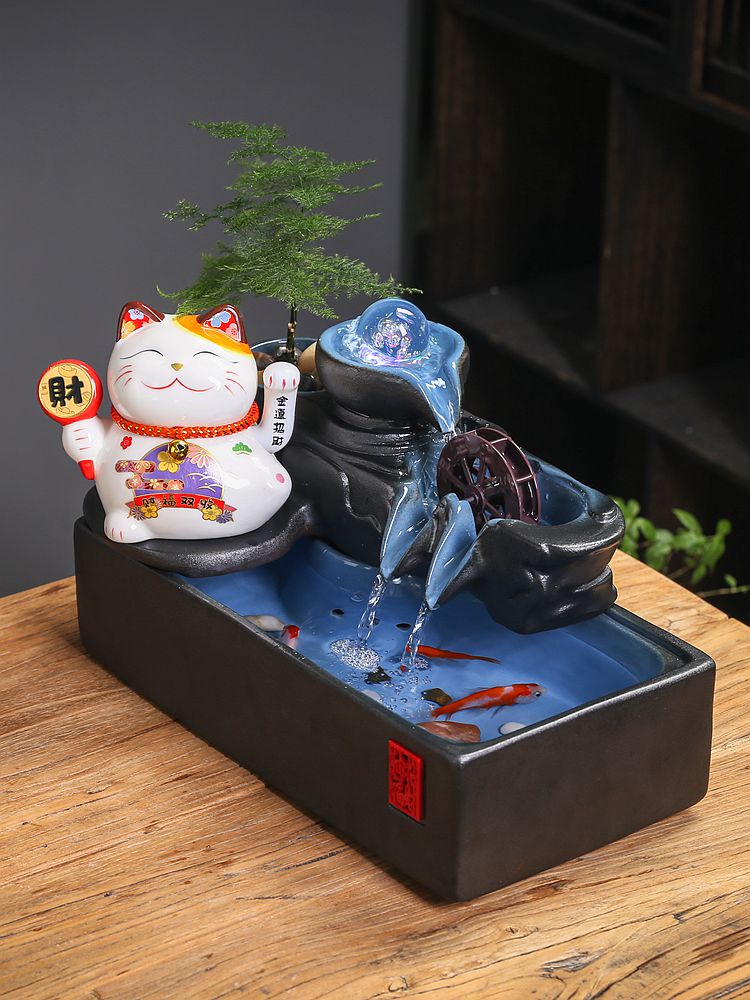 中式招财猫流水摆件循环流水生财客厅办公室桌面装饰开业送礼礼物