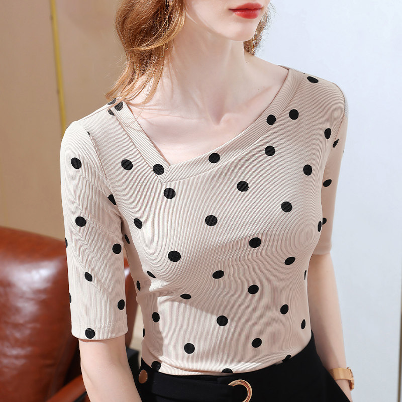 五分袖t恤女2022春秋新款修身打底衫洋气时尚波点斜领上衣