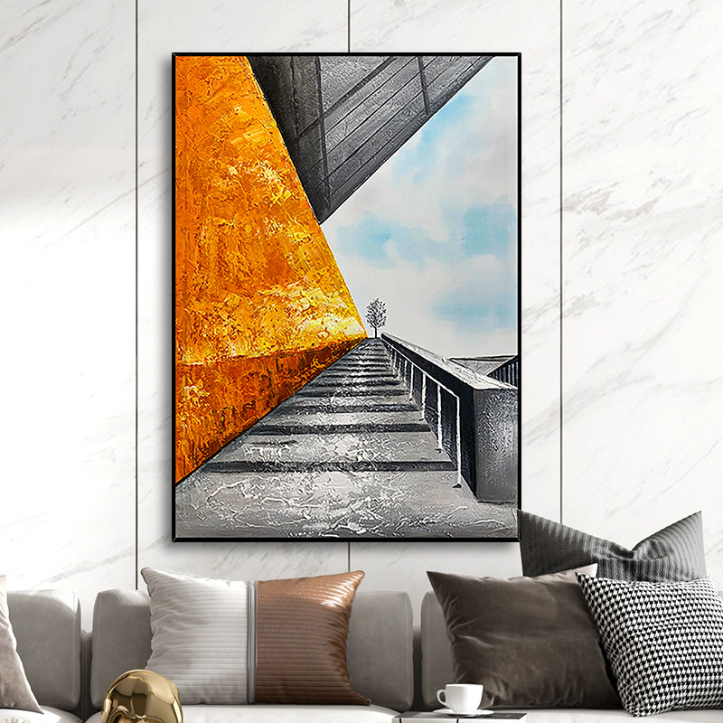 纯手绘油画现代简约抽象艺术建筑走廊竖幅玄关客厅卧室装饰艺术品