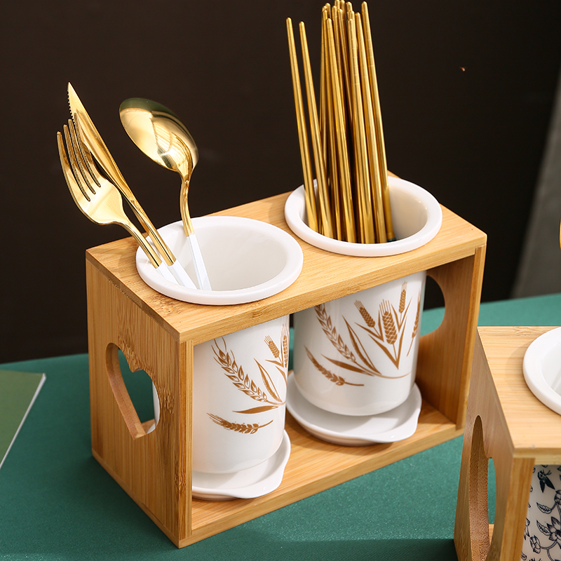 沣格简约创意竹架沥水陶瓷筷子筒笼 厨房置物收纳架子筷篓筷陶瓷