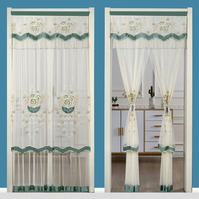 蕾丝门帘隔断帘免打孔家用防蚊客厅纱帘卧室厨房卫生间雪纺半帘夏