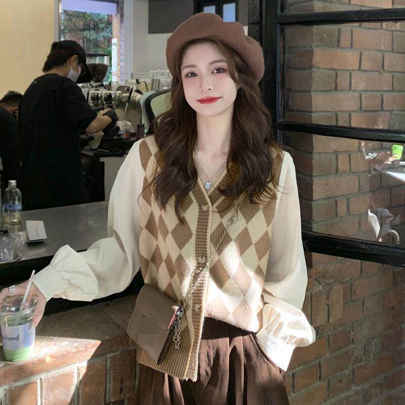 sandromoscoloni春新款法式假两件拼接针织衫女菱格毛衣开衫衬衫