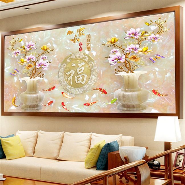 钻石画2021新款家和富贵玉兰花九尾鱼点钻十字绣福字满钻石绣客厅