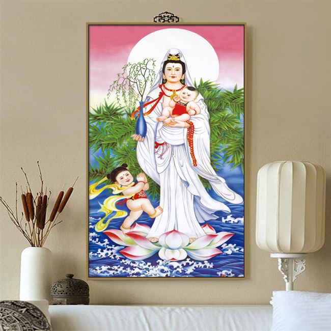 新款5d钻石画送子观音图玄关走廊挂画粘贴钻十字绣满钻钻石绣竖版图片
