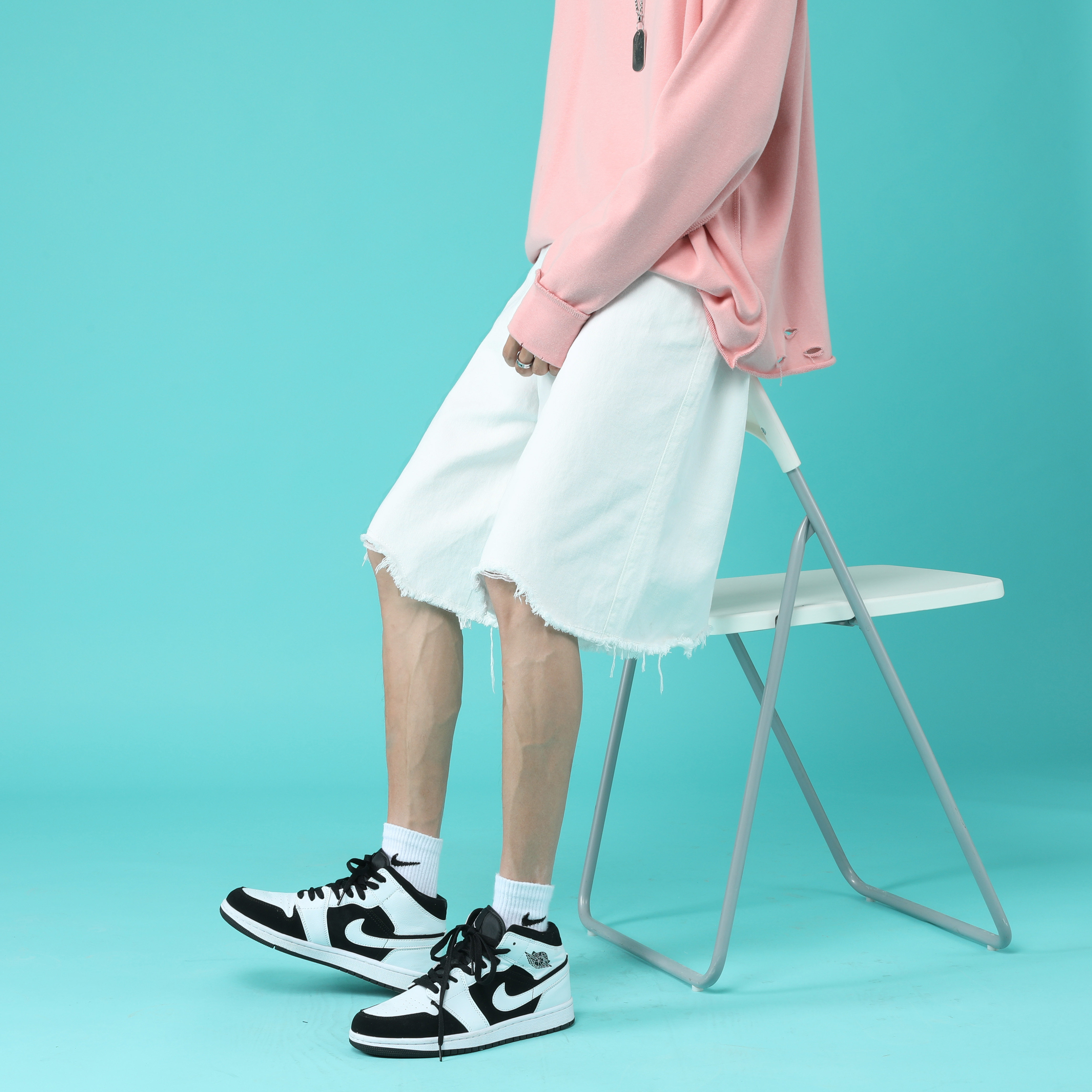 ins日系复古毛边白色美潮男女牛仔五分短裤xz6091b02p40