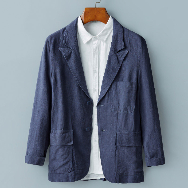 春夏季复古石磨做旧亚麻西装男休闲宽松棉麻小西服外套大码上衣潮