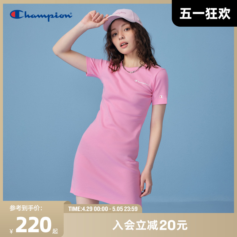 Champion冠军连衣裙女2024夏季新款草写logo印花长裙短袖休闲裙子