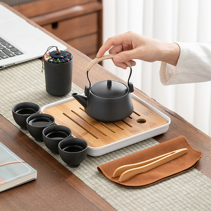 粗陶提梁茶壶便携包旅行功夫茶具套装一壶四杯带茶盘户外随身泡茶