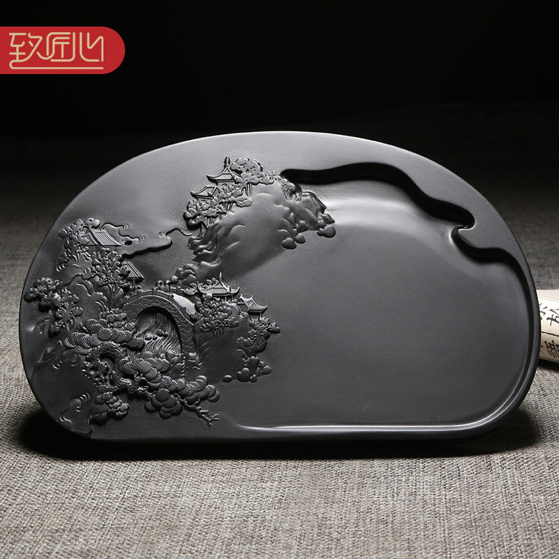 匠心非遗歙砚名师设计作品《松山观泉》歙砚天然原石老坑黑龙尾砚台文