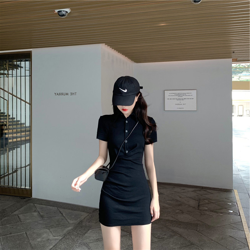 收腰修身性感连衣裙女装2024夏季新款韩版黑色POLO领紧身包臀短裙