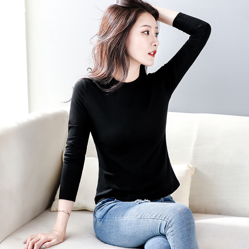 黑色打底长袖t恤女修身百搭紧身内搭打底衫纯棉薄款上衣春季新品