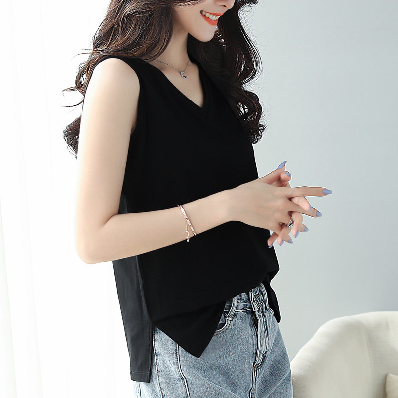 宽松无袖女黑色v领百搭显瘦t恤