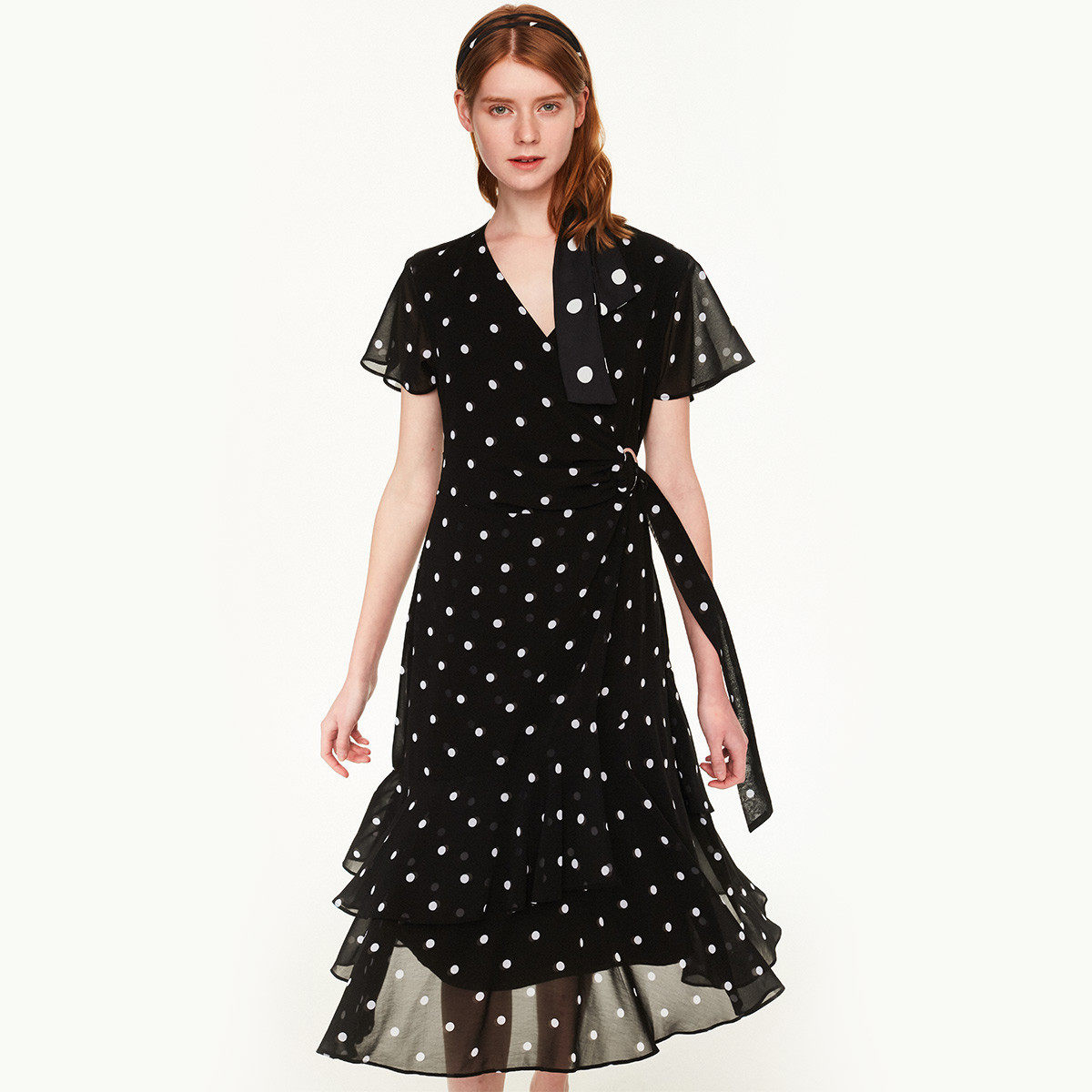 supernatural女士夏季质感飘逸复古波点v领系带雪纺连衣裙