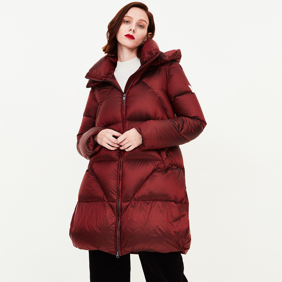 supernaturalurban女士中长款高蓬松光泽珠光面料可调腰扣羽绒服