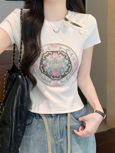 新中式国风短袖T恤女夏季新款修身显瘦体恤盘扣重工刺绣短款上衣