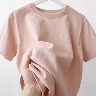藕粉色纯棉短袖T恤女夏季新款宽松纯色体恤简约休闲百搭半袖上衣