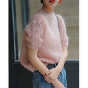 粉色马海毛针织衫短袖女春秋薄款毛衣洋气百搭气质高级感圆领上衣