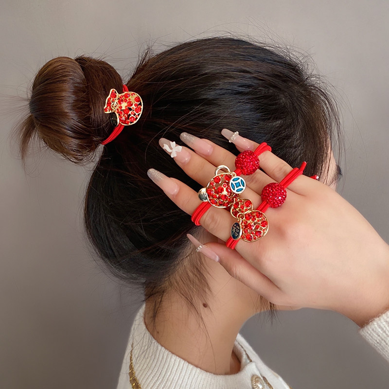 新年中国风红色头绳水钻喜庆招财发绳虎年丸子头饰发圈皮筋女扎头