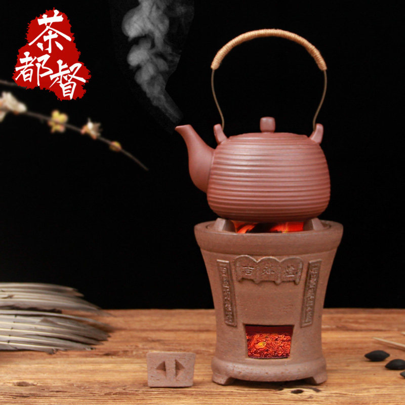 红泥木炭炉手工风炉橄榄碳炉煮茶粗陶壶小火炉烧水茶具砂铫壶乌榄