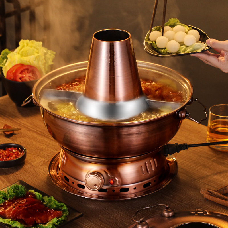 老北京铜火锅纯铜老式鸳鸯锅电碳两用木炭火锅锅家用商用铜锅火锅