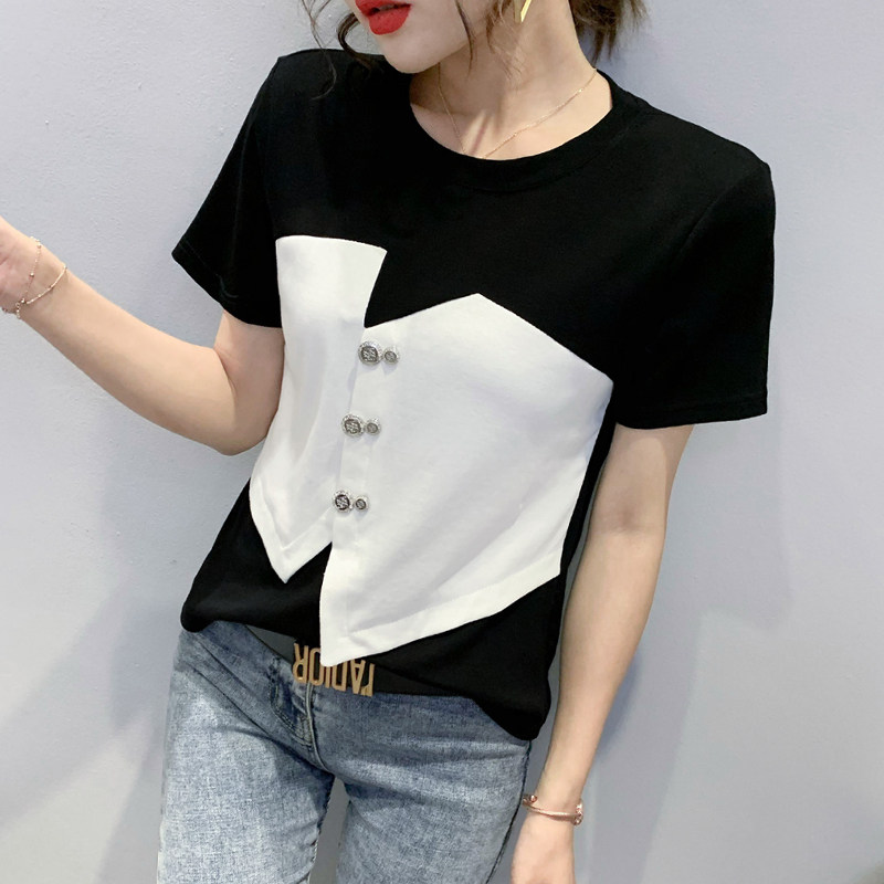 拼色t恤女2021夏季新款纽扣小衫修身显瘦短袖体恤个性假两件上衣