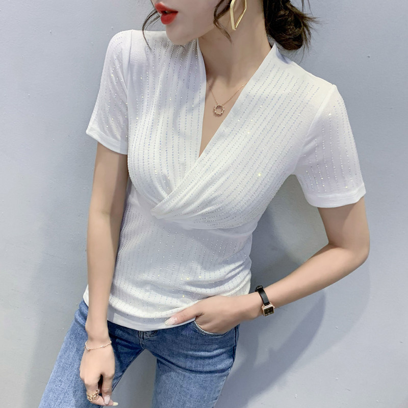 2021新款性感v领烫钻t恤女短袖洋气低胸交叉上衣气质收腰小衫夏装