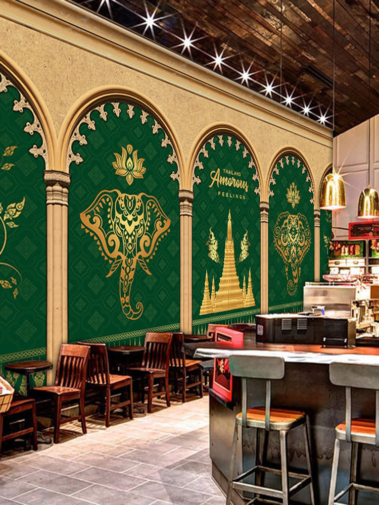 东南亚异国风情墙布泰式按摩店壁纸会所壁布泰国菜馆餐厅背景墙纸