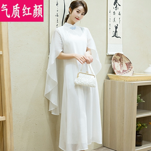中国风复古汉服改良旗袍长裙白色禅意茶服假两件披肩仙气连衣裙夏