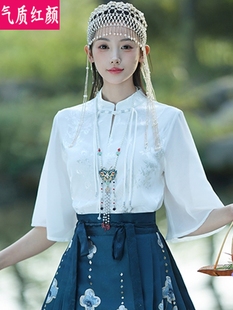 新中式国风女装改良古风汉元素飞机短袖白色衬衫配马面裙上衣套装