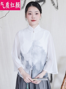 新中式七分袖短袖雪纺衬衫女士夏季民国风短款唐装上衣禅意茶艺服